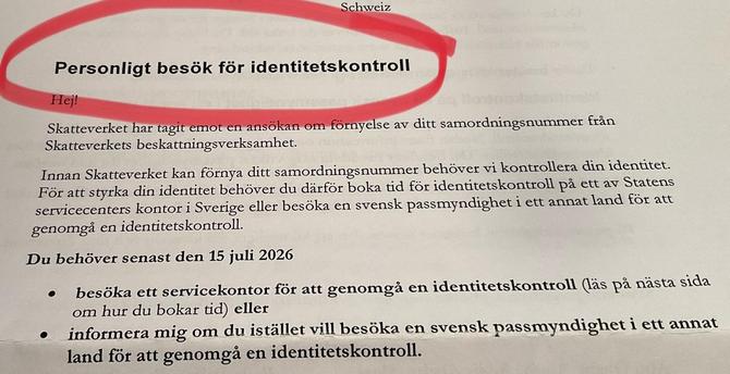Excerpt from a letter from Skatteverket demanding that I present myself in person for an identity check.