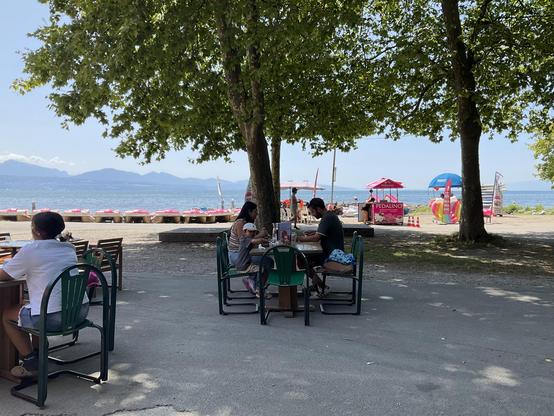 Blick auf den Genfer See von unter den Bäumen im Bistro
