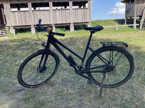 A black bike standing in front of a wooden buildings (observation platforms).