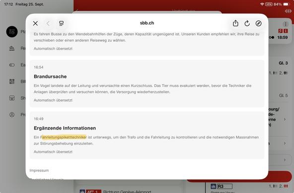 Screenshot der Meldungen, Tristabenwort ist markiert