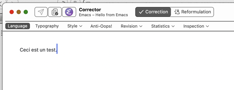 Screenshot of the Antidote Corrector with the title “Hello from Emacs.”